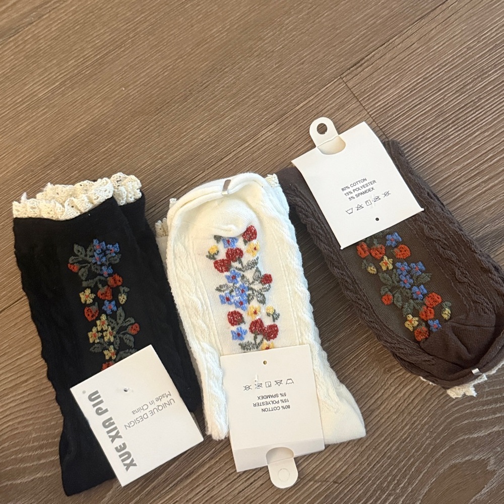 New Floral embroidered ruffle knit socks - Picture 5 of 7